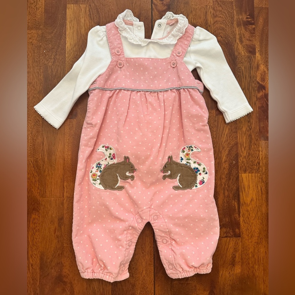 Baby Boden Spring Pink Overalls with Squirrel Appliqué